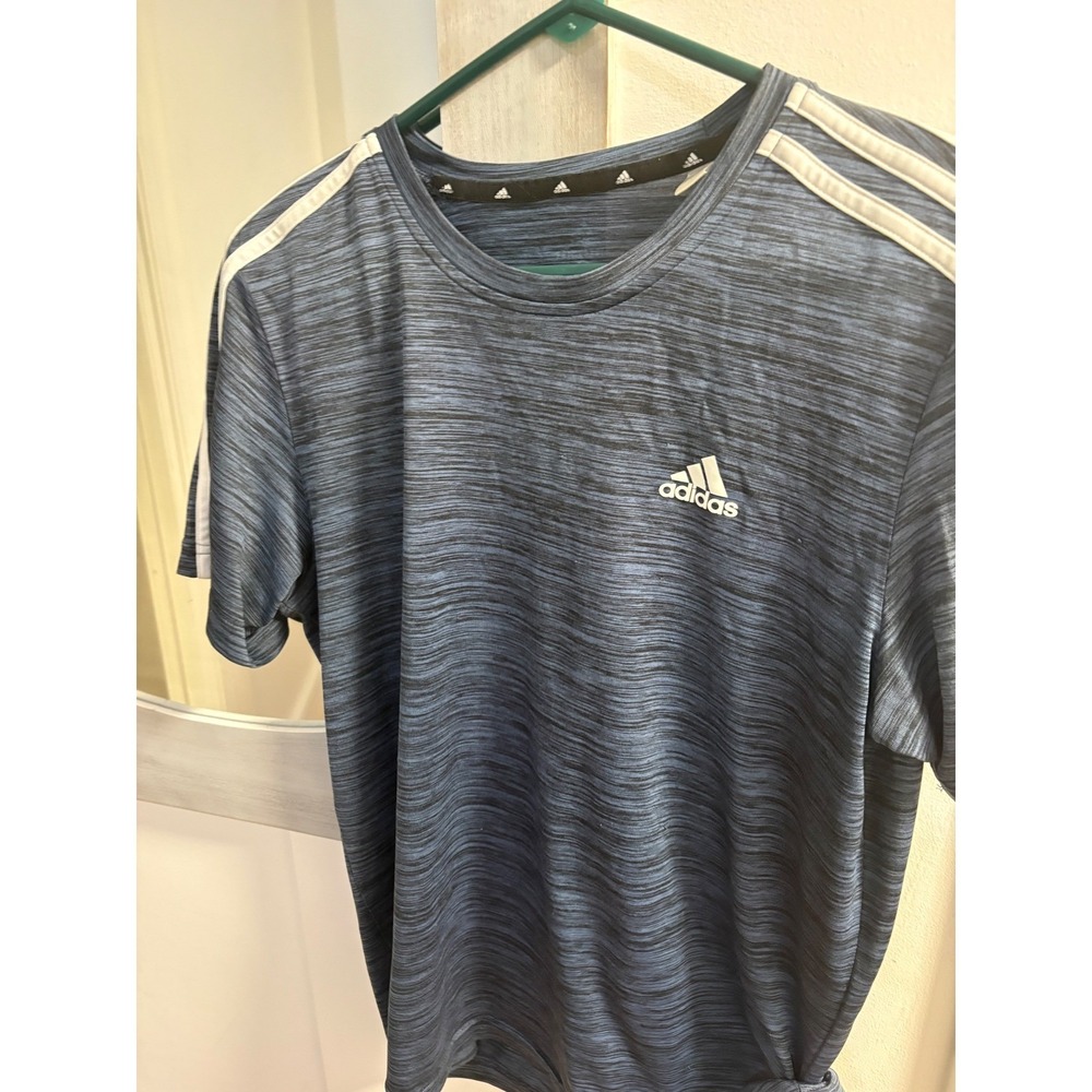 Adidas Boys Blue Space Dye Three Stripe Performance Short Sleeve T-Shirt Kids